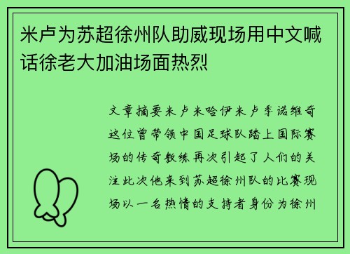 米卢为苏超徐州队助威现场用中文喊话徐老大加油场面热烈