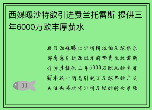 西媒曝沙特欲引进费兰托雷斯 提供三年6000万欧丰厚薪水