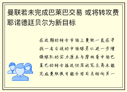 曼联若未完成巴莱巴交易 或将转攻费耶诺德廷贝尔为新目标