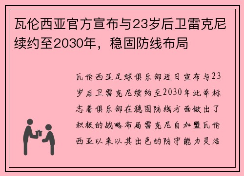 瓦伦西亚官方宣布与23岁后卫雷克尼续约至2030年，稳固防线布局