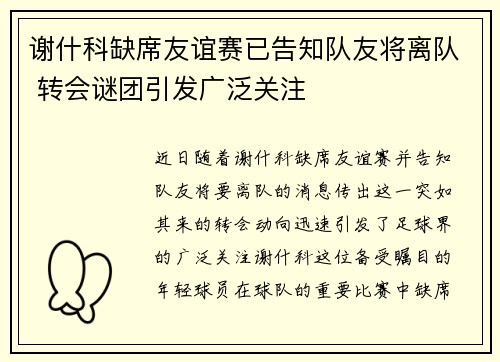 谢什科缺席友谊赛已告知队友将离队 转会谜团引发广泛关注